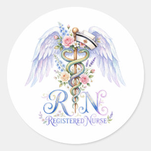 Bloemige RN Verpleegster Engelenvleugels Waterverf Ronde Sticker