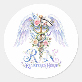 Bloemige RN Verpleegster Engelenvleugels Waterverf Ronde Sticker