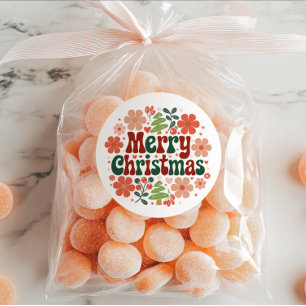 Bloemige rode en groene vrolijke kerst enveloppe z ronde sticker