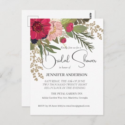 Bloemige rode groene bruiloft uitnodiging (Voorkant / Achterkant)