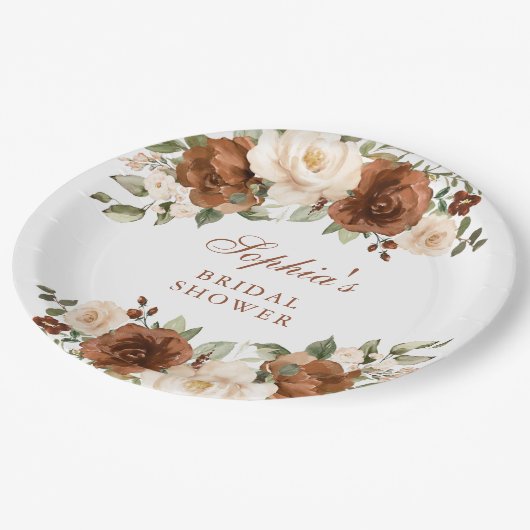 Bloemige Roest Peach Groene Goud Bruiloftsborrel Papieren Bordje (Gekanteld)