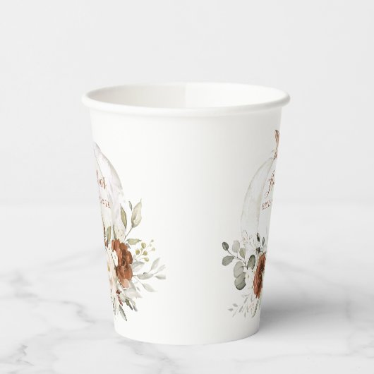 Bloemige Roestgroene Pompoen Herfst Bruiloft Feest Papieren Bekers (Links)