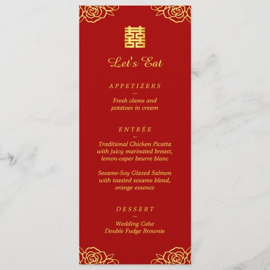 Bloemige roos rood goud Chinese huwelijksreceptie Menu (Voorkant)