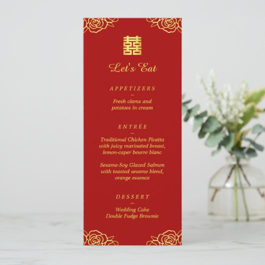Bloemige roos rood goud Chinese huwelijksreceptie Menu (Staand voorkant)