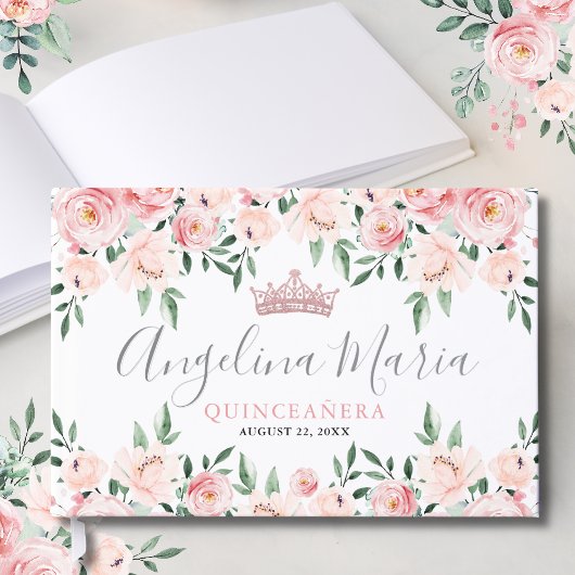 Bloemige Roze Blush Quinceanera Gastenboek