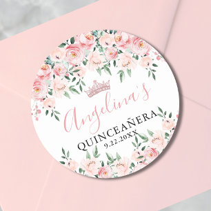 Bloemige Roze Blush Quinceañera Verjaardagsfeestje Ronde Sticker