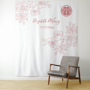 Bloemige Roze Chinese Trouw Achtergrond Wandkleed