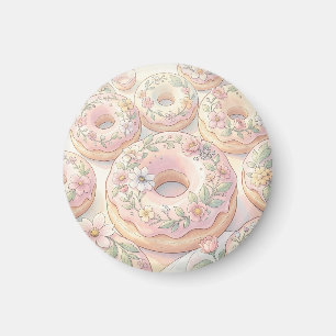 Bloemige Roze Donuts Pastel Illustratie Magneet