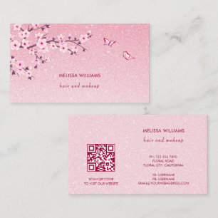 Bloemige Roze Glitter QR Code met Kersenbloesem Visitekaartje