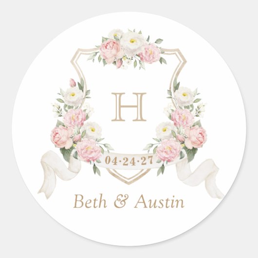 Bloemige Roze Rozen Monogram Wapenschild Envelop Ronde Sticker (Voorkant)