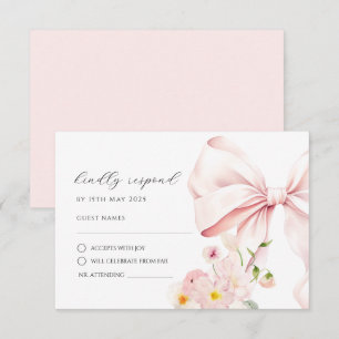 Bloemige Roze Strik Elegante RSVP Antwoordkaart Kaartje