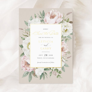 Bloemige Roze Witte Pioen Roos Folie Save the Date Uitnodiging