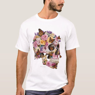 Bloemige Schedel en Monarchvlinders Artistiek T-Sh T-shirt