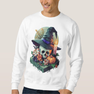 Bloemige Schedel met Heksenhoed Pixel Art Trui