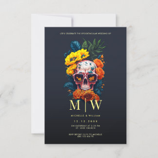 Bloemige Schedel Monogram Halloween Bruiloft Kaart