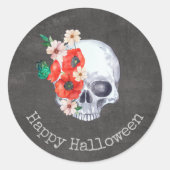Bloemige Schedel Ronde Sticker (Voorkant)