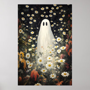 Bloemige spookportretprint, vintage gotische olie poster