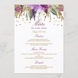 Bloemige sprankelende amethist bruiloft diner menu