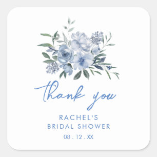 Bloemige Stof Blauw Bruidsfeest Favor Vierkante Sticker