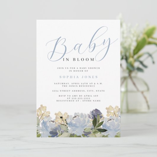 Bloemige Stof Blauw Jongens Baby in Bloom Baby Sho Kaart (Staand voorkant)