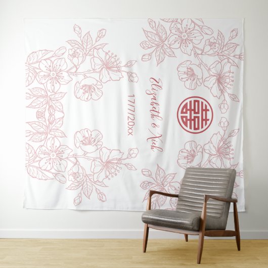 Bloemige Stof Roze Chinese Trouw Achtergrond Wandkleed (In Situ (horizontaal))