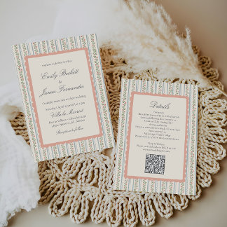 Bloemige Strepen Vintage Retro Bruiloft Kaart