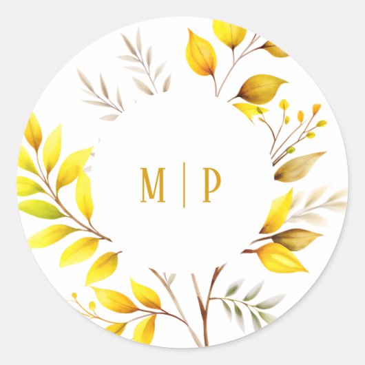 Bloemige takken watercolor thema Gele kleuren Ronde Sticker (Voorkant)