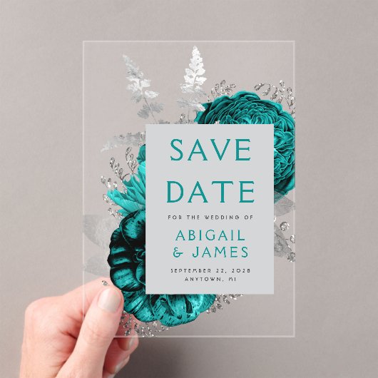 Bloemige Teal Zilveren Trouw Save the Date Acryl Uitnodigingen (Insitu (Draagbaar))