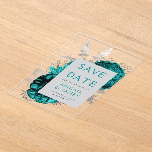 Bloemige Teal Zilveren Trouw Save the Date Acryl Uitnodigingen (Laagn)