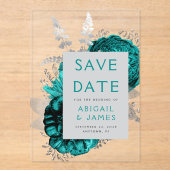 Bloemige Teal Zilveren Trouw Save the Date Acryl Uitnodigingen (Voorkant)