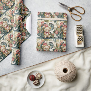 Bloemige teddybeer letter R Cadeaupapier