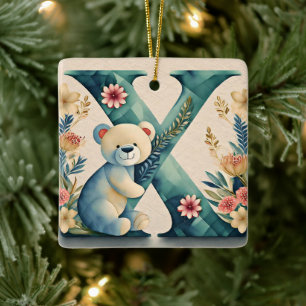Bloemige teddybeer letter X Keramisch Ornament