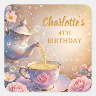 Bloemige Theekop & Theepot - Pastelkleurig Elegant Vierkante Sticker