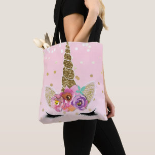Bloemige Trendy Moderne Eenhoorn Hoorn Goud Confet Tote Bag