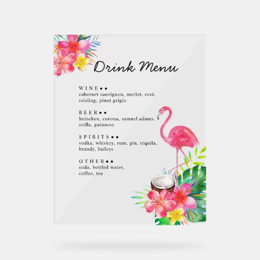 Bloemige Tropische Paradijs Flamingo Drankenmenu Acryl Bord (Voorkant)