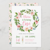 Bloemige tuin 1e verjaardagsuitnodiging | Pioenmei Kaart (Voorkant / Achterkant)