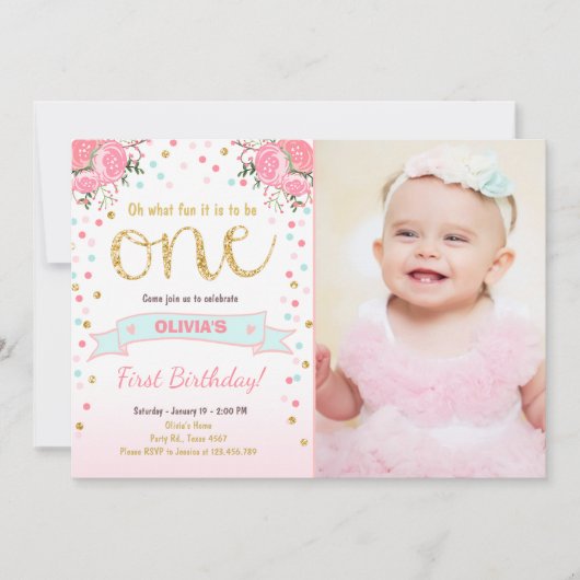 Bloemige uitnodiging eerste verjaardag meisje Roze (Voorkant)