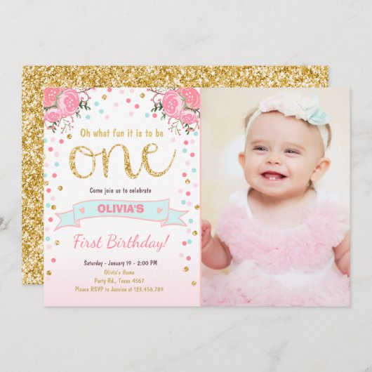 Bloemige uitnodiging eerste verjaardag meisje Roze (Voorkant / Achterkant)