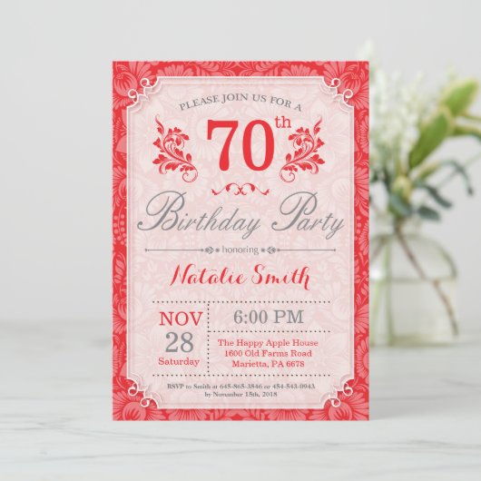 Bloemige uitnodiging voor 70ste verjaardag rood vo (Staand voorkant)