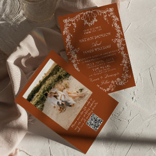 Bloemige Verbrande Oranje Foto QR Code Boho Bruilo Kaart