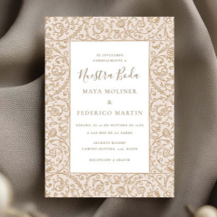 Bloemige Vintage Crème & Goud Nuestra Boda Trouwen Kaart