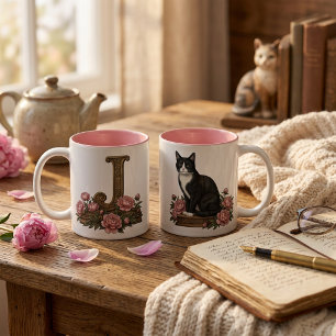 Bloemige Vintage Tuxedo Kat Monogrammokkop Tweekleurige Koffiemok