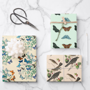  bloemige vlinder vogelpatroon roze groen inpakpapier vel