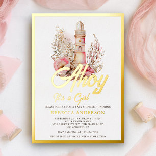 Bloemige Vuurtoren Nautische Meisje Baby Shower Go Folie Uitnodiging