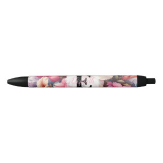Bloemige waterverf monogram roze blauwe azalea's zwarte inkt pen