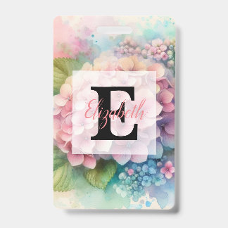 Bloemige waterverf monogram roze hortensia  badge