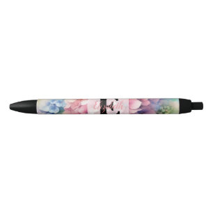 Bloemige waterverf monogram roze hortensia zwarte inkt pen