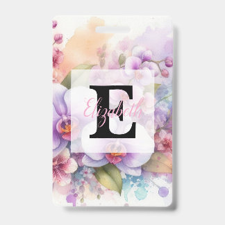 Bloemige waterverf monogram roze orchidee bloemen badge