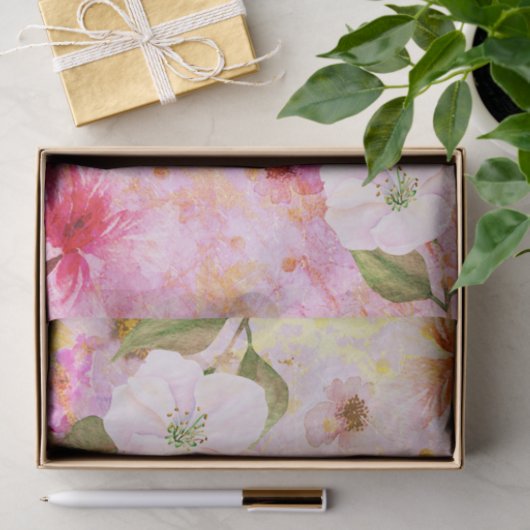 bloemige waterverf & script op roze & goud tissuepapier (Geschenk)