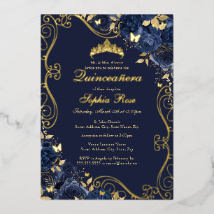 Bloemige Werveling Navy Gouden Vlinder Quinceanera Folie Uitnodiging